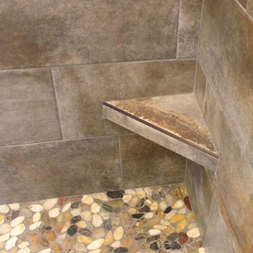 Moline, IL Bath Remodel With Gray Stained Cherry Vanity and Pebble Tiled Shower
