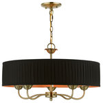 Livex Lighting - Livex Lighting 5 Light Antique Brass Pendant Chandelier - The five-light Harrington pendant chandelier combines floral details and casual elements to create an updated look. The hand-crafted black fabric hardback pleated drum shade is set off by an inner silky orange fabric that combines with chandelier-like antique brass finish sweeping arms which creates a versatile effect. Perfect fit for the living room, dining room, kitchen or bedroom.