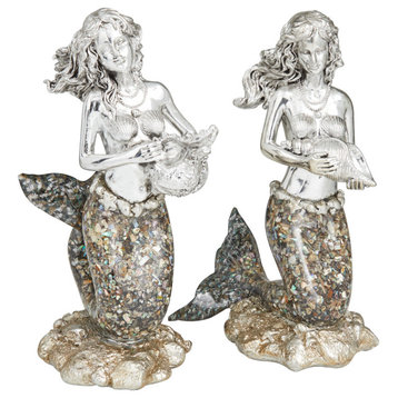 Silver Polystone Coastal Mermaid Sculpture,  560676