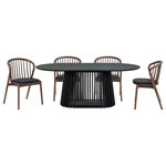 Armen Living - Pasadena Echo 5-Piece Oval Dining Set, Black Oak Finish Walnut Finish Chairs - Enhance your dining space with the Pasadena Echo 5 Piece Oval Dining Set. This 5-piece dining set includes 1 Pasadena oval dining table and 4 Echo dining chairs with faux leather upholstery. The versatile chairs merge style and functionality, making them a perfect addition to your dining room, kitchen, accent, or vanity chairs. Crafted with precision and a keen eye for detail, the Echo dining chairs showcase a stunning combination of solid wood and easily maintained faux leather upholstery. The Windsor style chair back and angular frame creates a timeless silhouette. This modern design not only guarantees durability but also imparts a timeless aesthetic, making these chairs an ideal choice for those seeking a cohesive and refined furniture set. With a generous tabletop length of 79 inches and a width of 43 inches, this dining room table features a beautiful solid wood base and concrete bottom for added stability. The retro allure of mid-century design is present in the slatted pedestal base, further elevating its appeal, whilst lending its unmistakable character and attractive, architectural-like quality. This oval dining set can be used in formal or casual dining settings. The Pasadena Echo dining set is available in an all-black finish with black faux leather upholstery, a black finish table with walnut chairs and black faux leather upholstery, or a black base table with walnut tabletop and chairs with black faux leather upholstery.