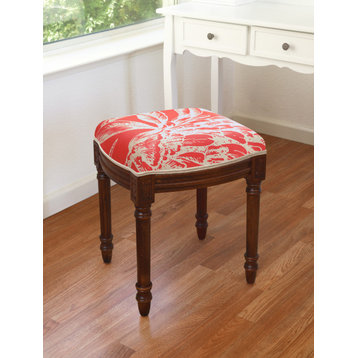 Tropical Floral-Aqua, Linen Upholstered Vanity Stool, Coral Red