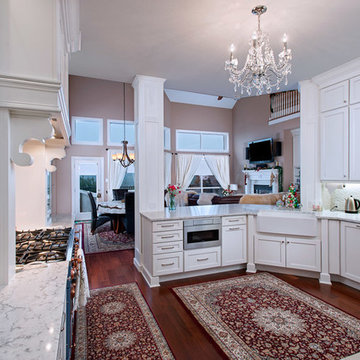 Traditional White Kitchen with Retro Stove and Beverage Center