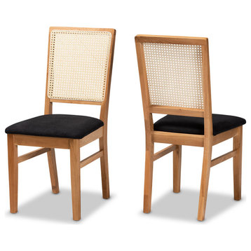 Set of 2 Dining Chair, Retro Design With Cushioned Seat & Rattan Backrest, Black