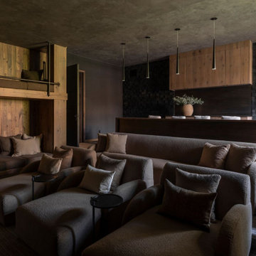 Antique Elm and Antique Oak Paneling in Modern Lakehouse Media Room