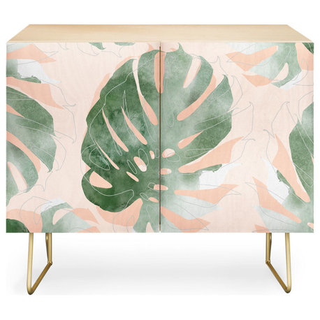 Deny Designs Bohemian Monstera Credenza, Birch, Gold Steel Legs