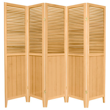 Room Divider, Double Hinged Panels With Louvered Accents, Natural/5 Panels