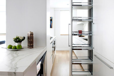 Eat-in kitchen - mid-sized eclectic galley eat-in kitchen idea in New York with flat-panel cabinets, white cabinets, solid surface countertops and an island