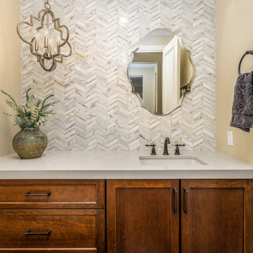 Encinitas Powder Bathroom Remodel with Chevron Mosaic Marble Backsplash