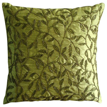 Luxury Beaded Leaf Green Pillow Covers, Art Silk 16"x16" Pillow Cover, Tropical