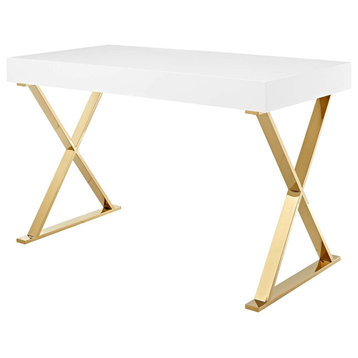 Modern Desk, Crossed Stainless Steel Legs & 2 Storage Drawers, White/Gold