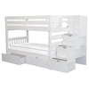 Bedz King Pine Wood Twin over Twin Stairway Bunk Bed with 2-Drawer in White