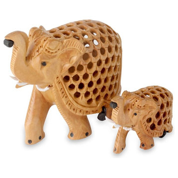 Elephant Mother and Child Wood Sculptures, 2-Piece Set