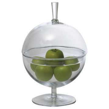 Elegant Clear Sphere Art Glass Covered Jar Bowl Lid Pedestal UFO Footed Round