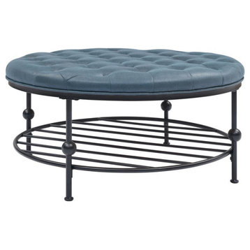 Partner Furniture 36" Round Faux Leather Tufted Cocktail Ottoman in Blue
