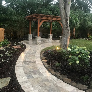 Silver Travertine Walkway to Pergola