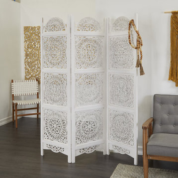 Classic Room Divider, Wooden Panels With Unique Carving Details, White/3 Panels