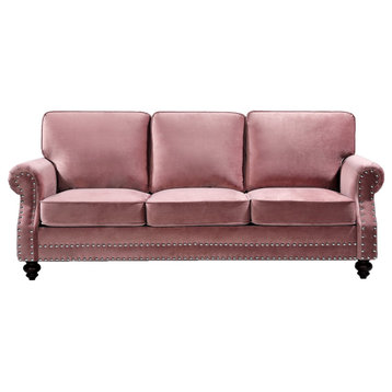 Traditional Sofa, Velvet Seat & Rolled Arms With Nailhead Accents, Rose