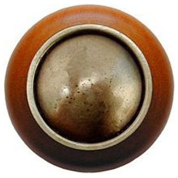 Plain Dome Cherry Wood Knob, Antique-Style Brass