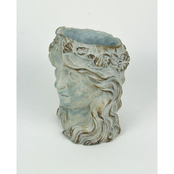 Weathered Blue-Gray Concrete Olive Wreath Roman Lady Head Planter 8 Inches High