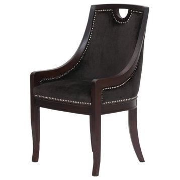 Transitional Dining Chair, Curved Frame With Velvet Seat & Nailhead Trim, Black