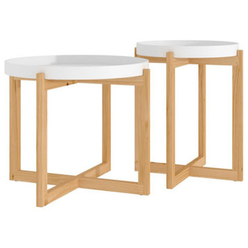 vidaXL Coffee Table Accent Desk 2 Pcs White Engineered Wood and Solid Wood Pine