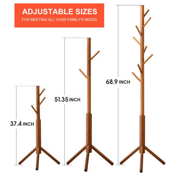 Bamboo Coat Rack Freestanding Stand Tree Adjustable Coat with 3 Sections 8 Hooks