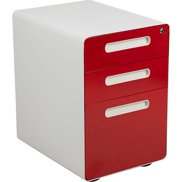 Flash Ergonomic 3-Drawer Mobile Filing Cabinet, WH/Red