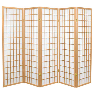Room Divider, Scandinavian Spruce Wood With Rice Paper Screen, Natural/5 Panels