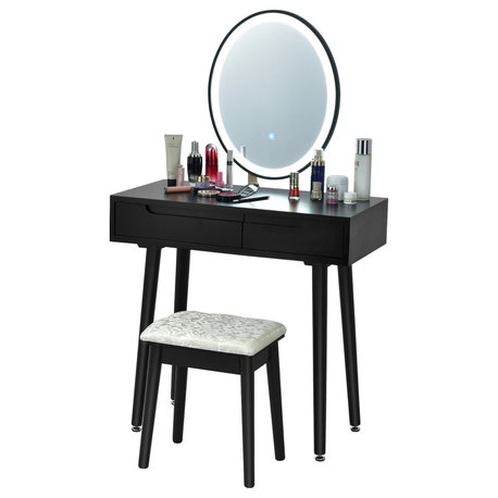 Modern Vanity Set, 3 Color Touch Screen Dimmable Mirror & Storage Drawers, Black