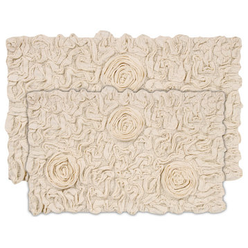 Bell Flower Collection 100% Cotton Tufted Bath Rugs, 2 Piece Set(M+L), Ivory