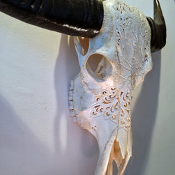 Hand Carved Skull - Water Buffalo, Ganesha Design, White - Artwork