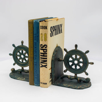 Vintage Nautical Ship Wheel Bookends Metal Cast Iron Pair