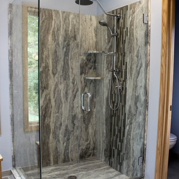 Master Bathroom with Free Standing Tub, Quartz Countertop and Grey Tiled Shower