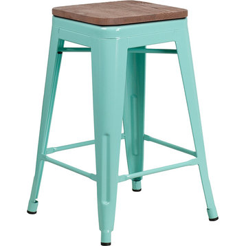 24" High Backless Mint Green Counter Height Stool With Square Wood Seat