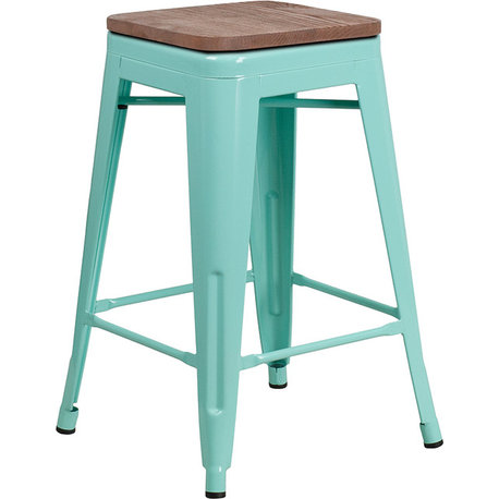 24" High Backless Mint Green Counter Height Stool With Square Wood Seat