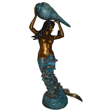 Mermaid holding a shell - large Bronze Statue Art Nude 43"L x 30"W x 76"H.