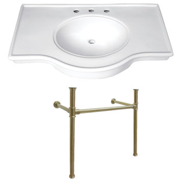 37" Ceramic Console Table with Stainless Steel Legs, White/Brushed Brass