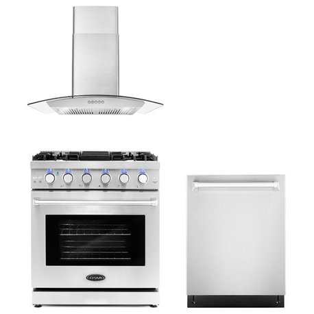 3-Piece, 30" Gas Range, 30" Wall Mount Range Hood and 24" Dishwasher