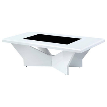 Pera 47" Modern Coffee Table, Black Glass Insert, Geometric, White