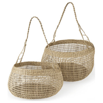 Set of Two Wicker Storage Baskets With Long Handles