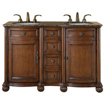 52 Inch Small Brown Double Sink Bathroom Vanity, Granite, Traditional