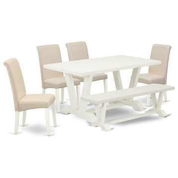 East West Furniture V-Style 6-piece Wood Dinette Table Set in Linen White