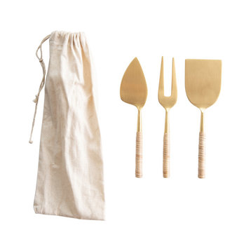 Gold Stainless Steel Cheese Servers With Rattan Handles, 3-Piece Set