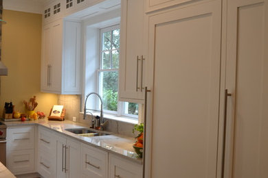 Inspiration for a large modern galley light wood floor eat-in kitchen remodel in Jacksonville with beaded inset cabinets, white cabinets, quartz countertops, multicolored backsplash, stone slab backsplash and an island