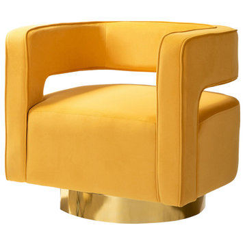 Comfy Swivel Barrel Chair With Metal Base, Mustard