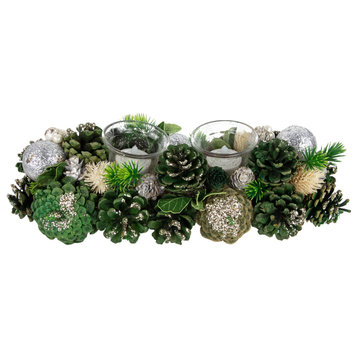 13" Green Pinecone and Silver Glitter Ornaments Christmas Tealight Candle Holder