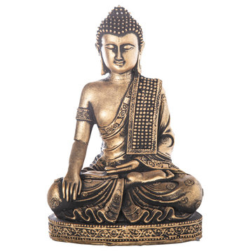 Cement Meditating Sash Buddha on Base Figurine Distressed Concrete Gold Finish
