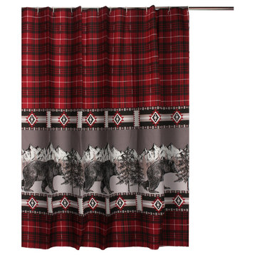 Benzara BM293440 Bear Shower Curtain, Red and Black Plaid, Poly Microfiber