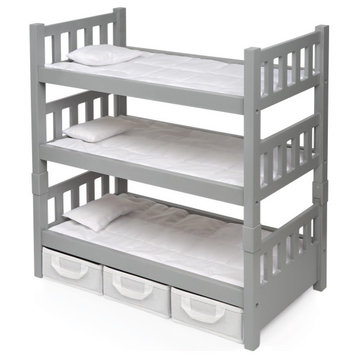1-2-3 Convertible Doll Bunk Bed With Bedding and Storage Baskets, Executive Gray