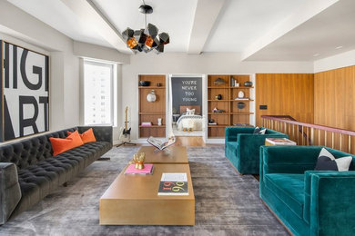 Example of a large minimalist open concept living room design in Los Angeles with white walls